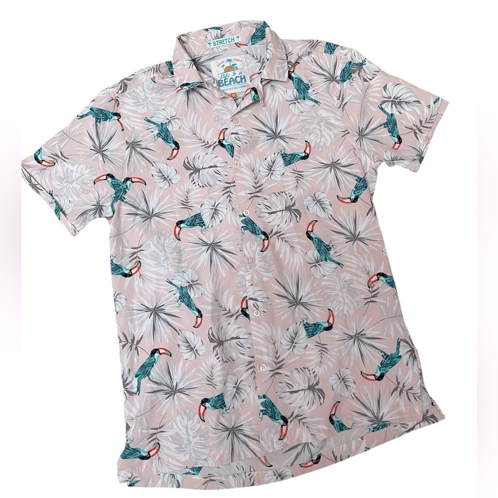 Good Vibes Hawaiian Shirt Men's Size M Tropical Pink Toucan Bird Life Is A Beach